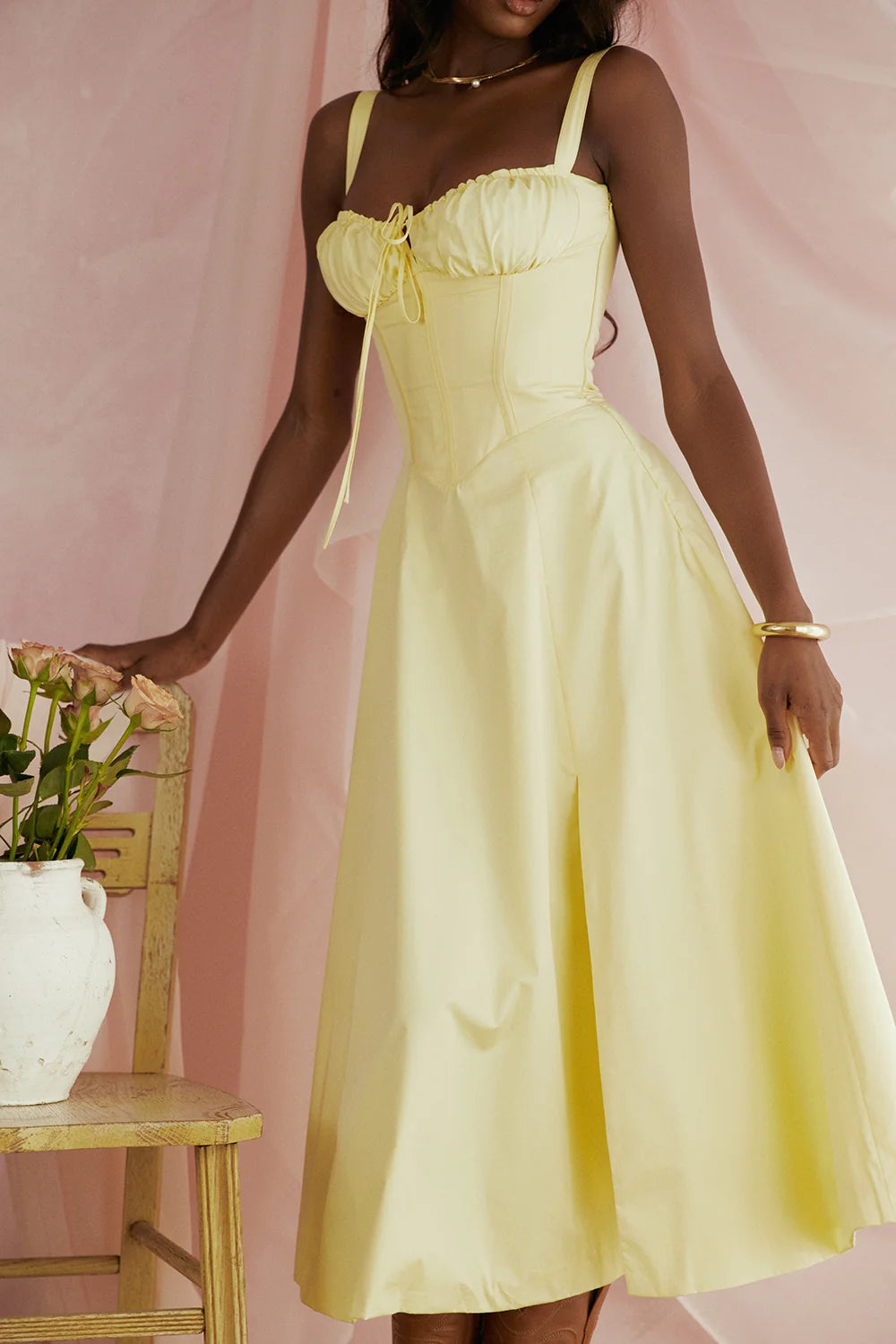 BLOOMING DESIRE LACE UP DRESS - YELLOW