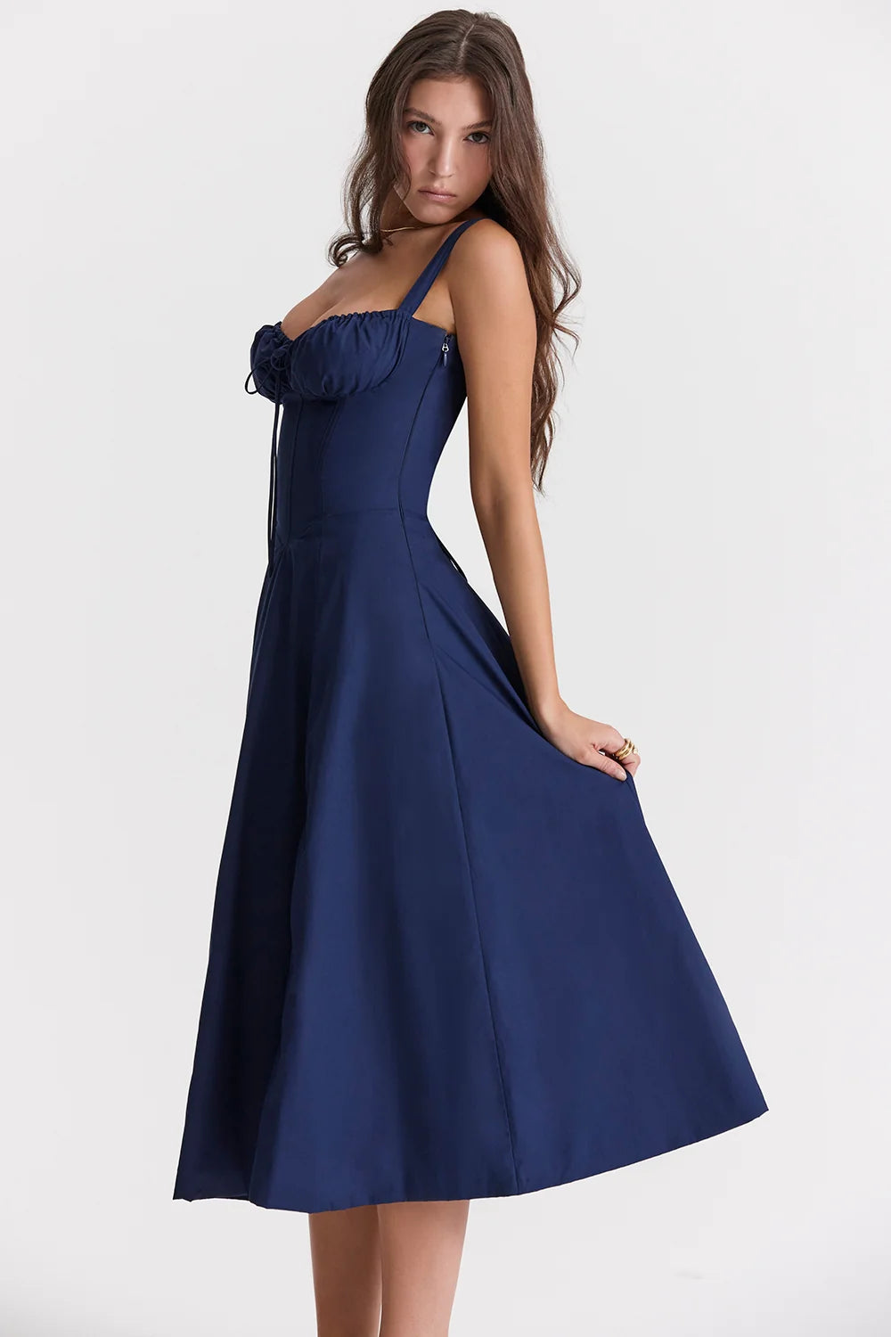 BLOOMING DESIRE LACE UP DRESS - NAVY