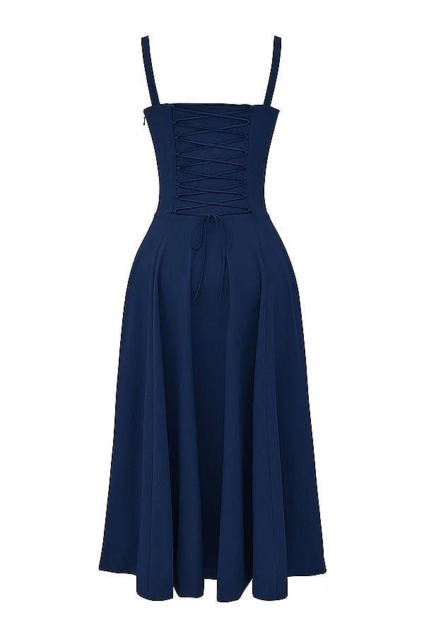 BLOOMING DESIRE LACE UP DRESS - NAVY
