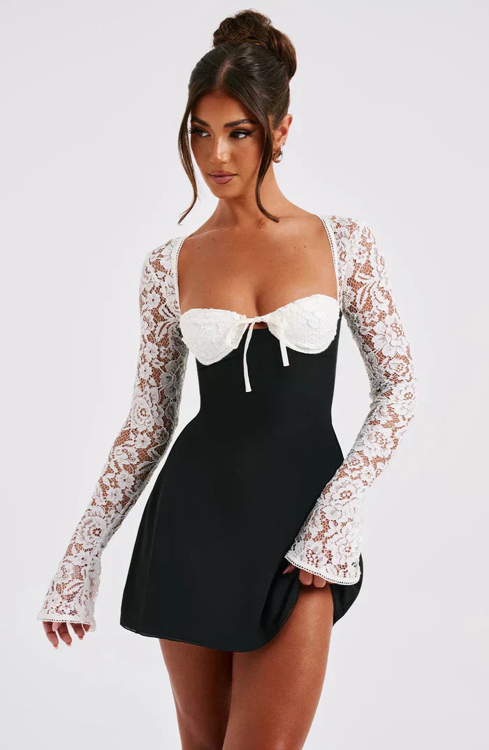 EMMA LACE MINI DRESS - BLACK/WHITE