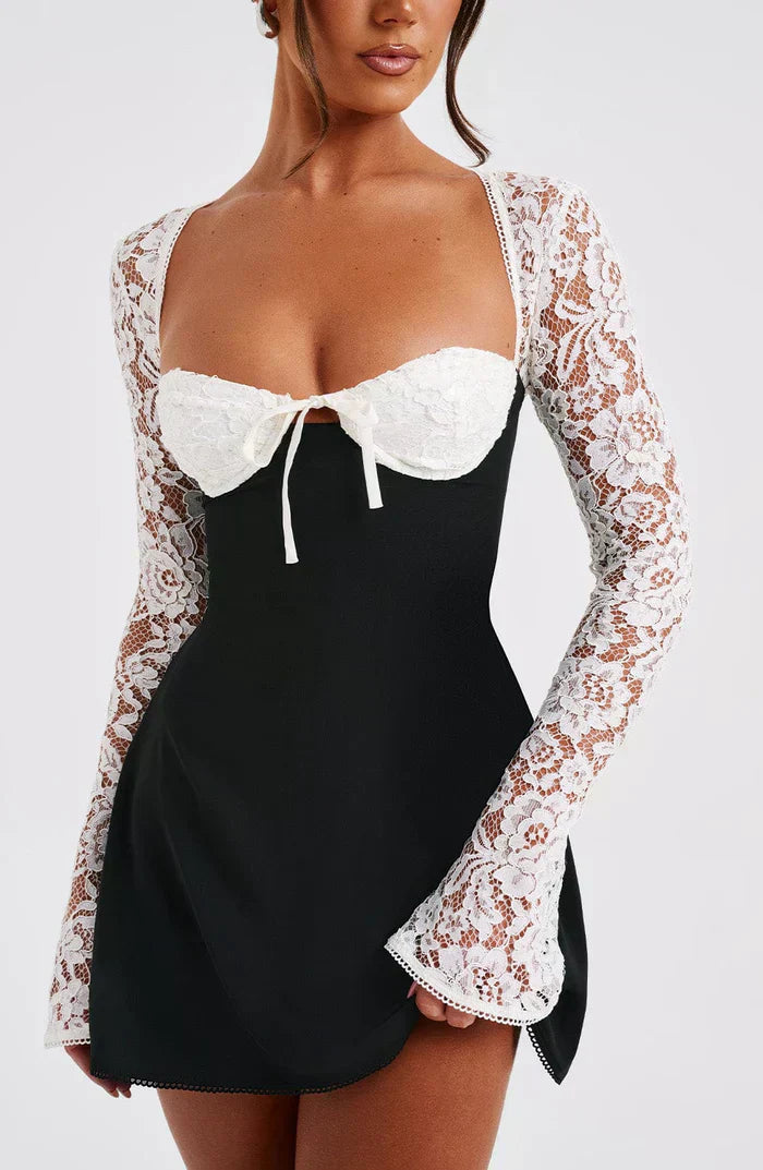 EMMA LACE MINI DRESS - BLACK/WHITE